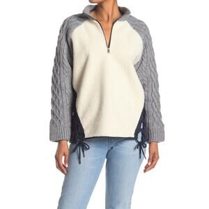 BOUNDLESS NORTH NEW $179 Eden Lace Up Half Zip Pullover in Navy/Cream/Gray Small